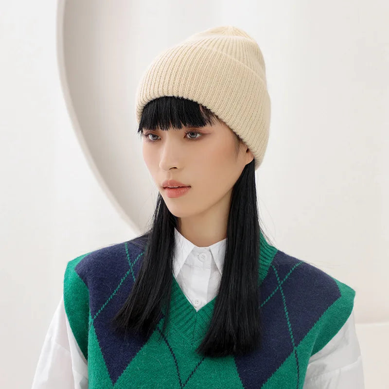 Solid Ribbed Knit Beanie with Wide Folded Cuff