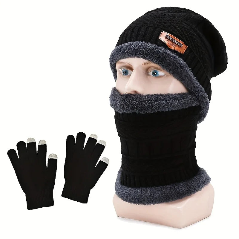 Knitted Beanie Hat Scarf and Touchscreen Gloves Set for Winter Wear