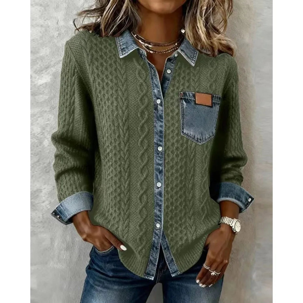 Women's Cable Knit Cardigan with Denim Look Panels