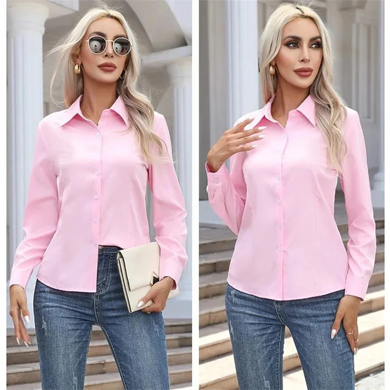 Women's Plain Collared Long Sleeve Button Front Shirt