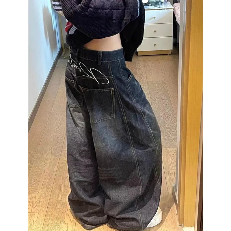 Women's Washed Black Baggy Wide Leg Denim Jeans