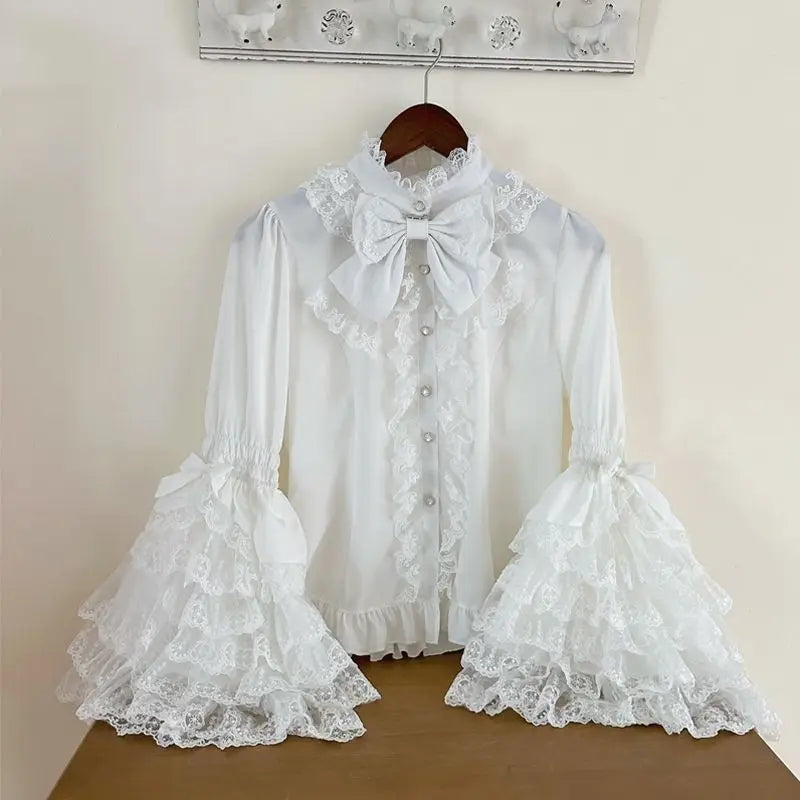 Women's Bow Neck Blouse with Layered Lace Sleeves