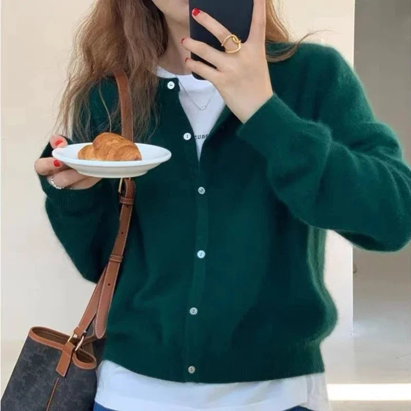 Women's Crew Neck Button Front Cardigan Casual Knit Layer