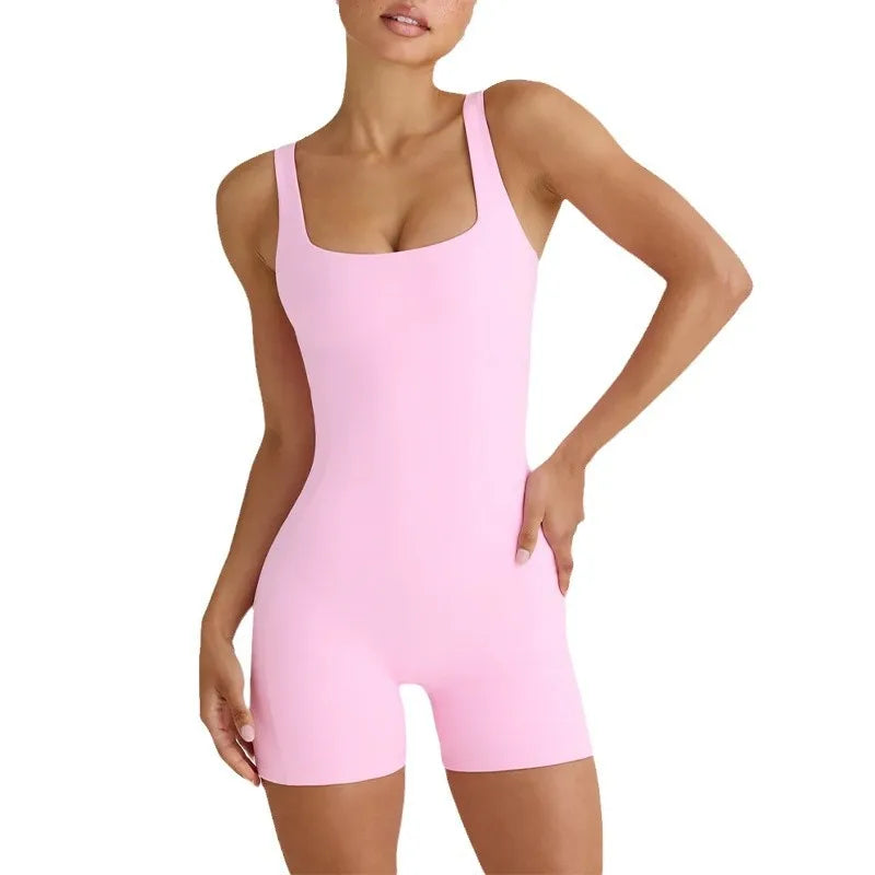 Women's Scoop Neck Nylon Blend Romper with Wide Shoulder Straps