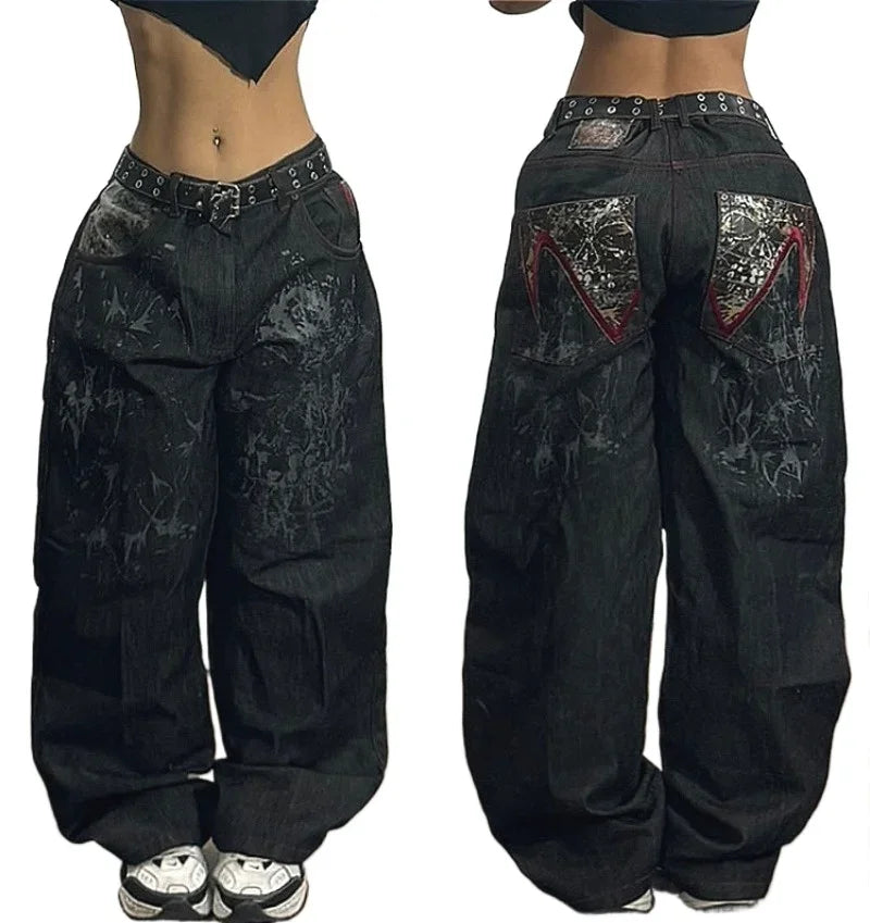 Women's Black Embroidered Baggy Fit Denim Jeans For Everyday Outfits