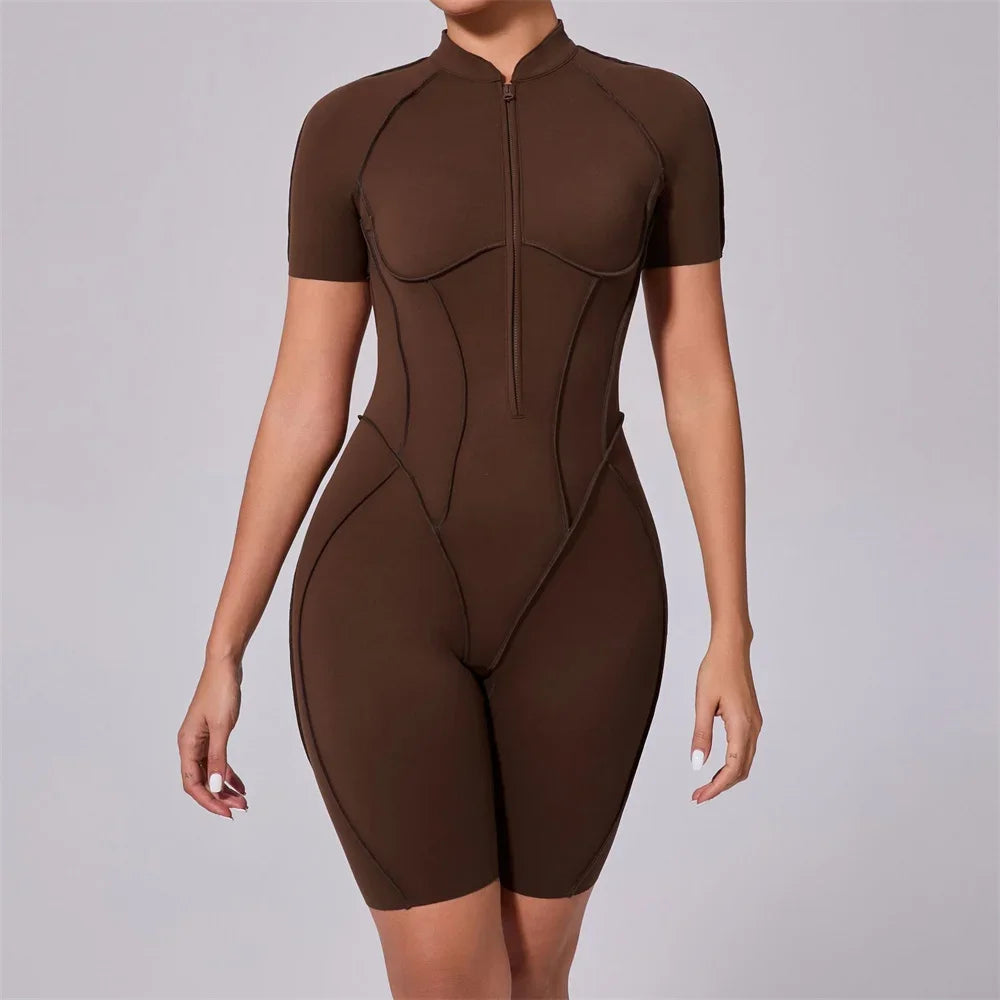 Women's Short Sleeve Nylon Blend Zip Front Romper with Contour Seams