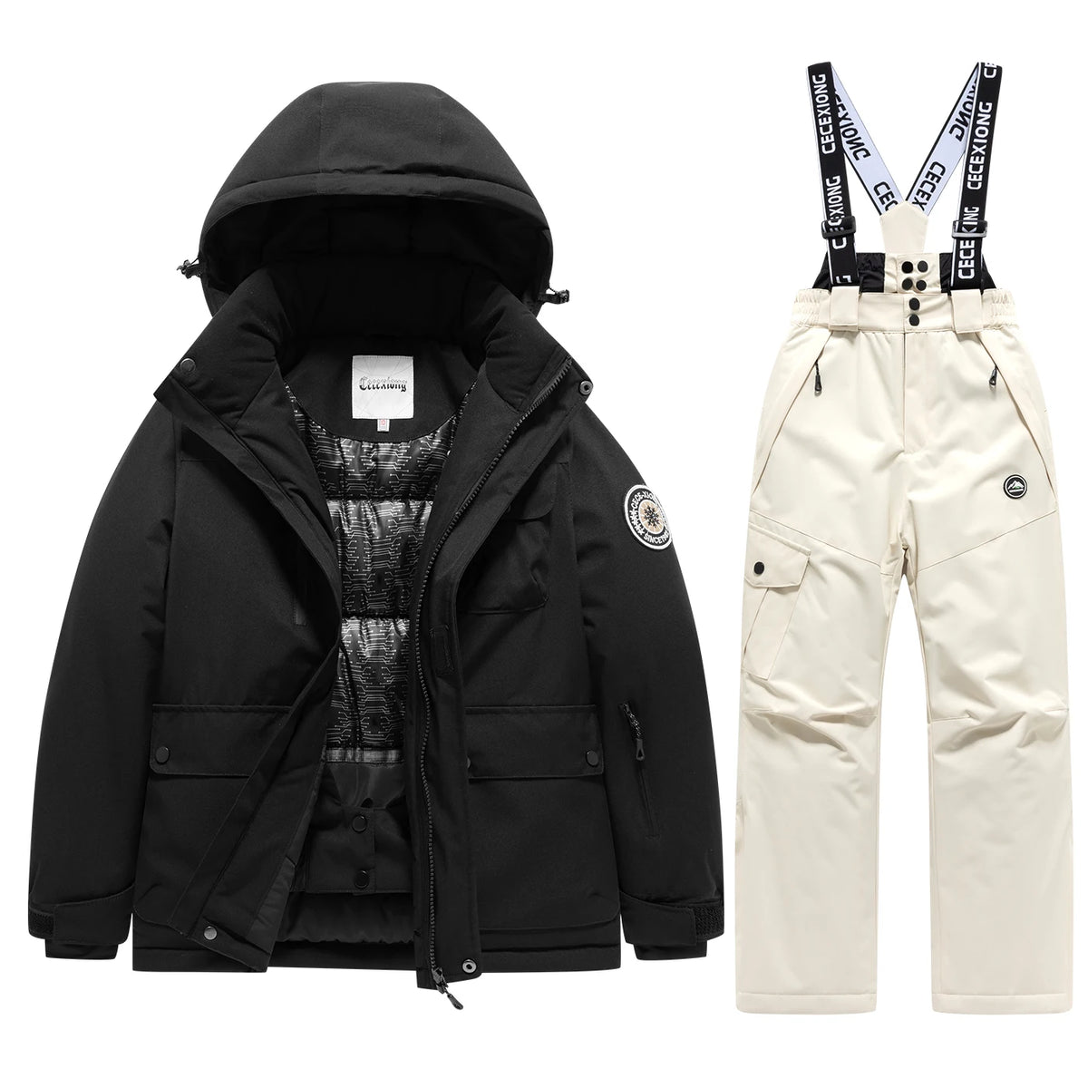 Children's Hooded Ski Jacket and Pants Clothing Set with Style Options
