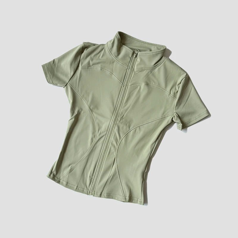 Women’s Slim Fit Short Sleeve Yoga Top with Stand Collar Zip Front