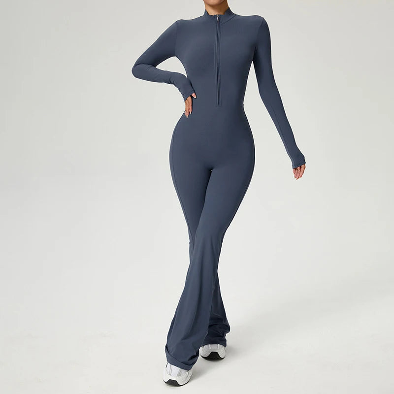 Women's Long Sleeve Nylon Blend Flared Workout Jumpsuit with Zip Collar