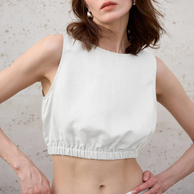 Women's Linen-Viscose Sleeveless Cropped Tank Top with Gathered Hem for Casual Outfits