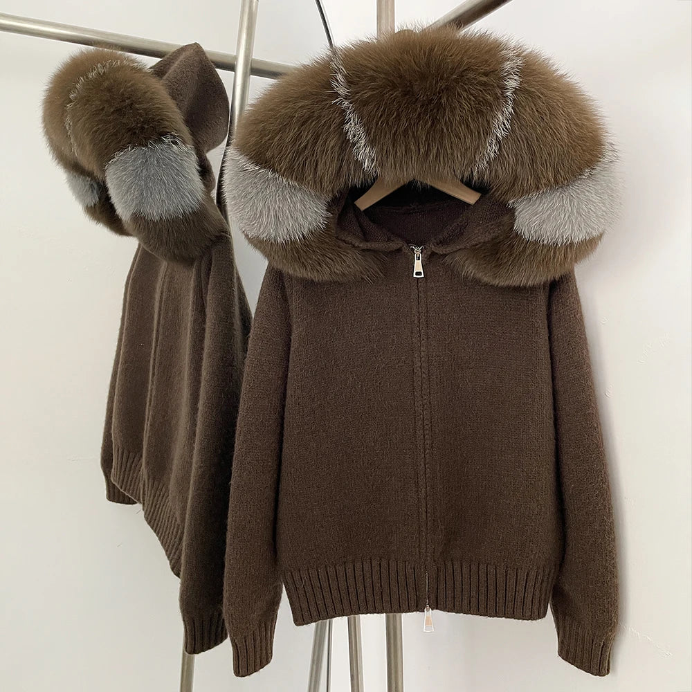 Women's Hooded Zip Front Fluffy Trim Jacket Casual Knit Layer