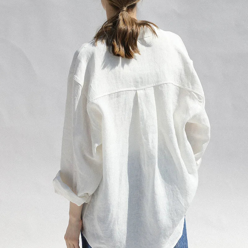 Women's Linen Long-Sleeve Loose Collared Button-Up Shirt for Casual Summer Everyday Outfits