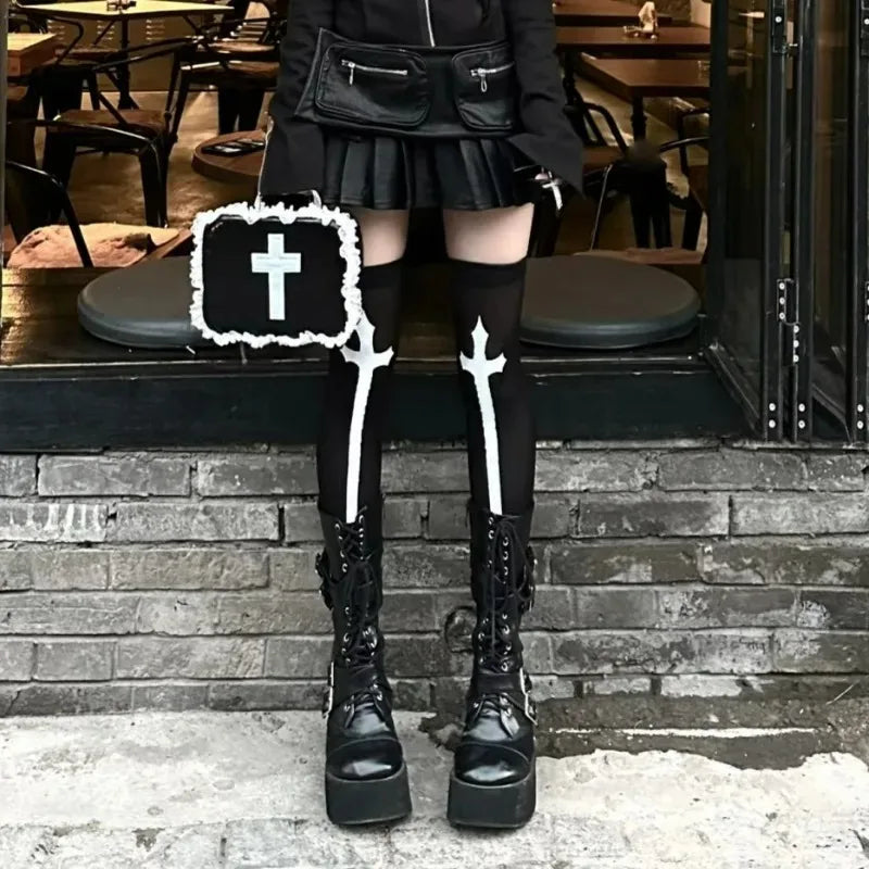 Cross Pattern Thigh High Stockings with Contrasting Cuff Design