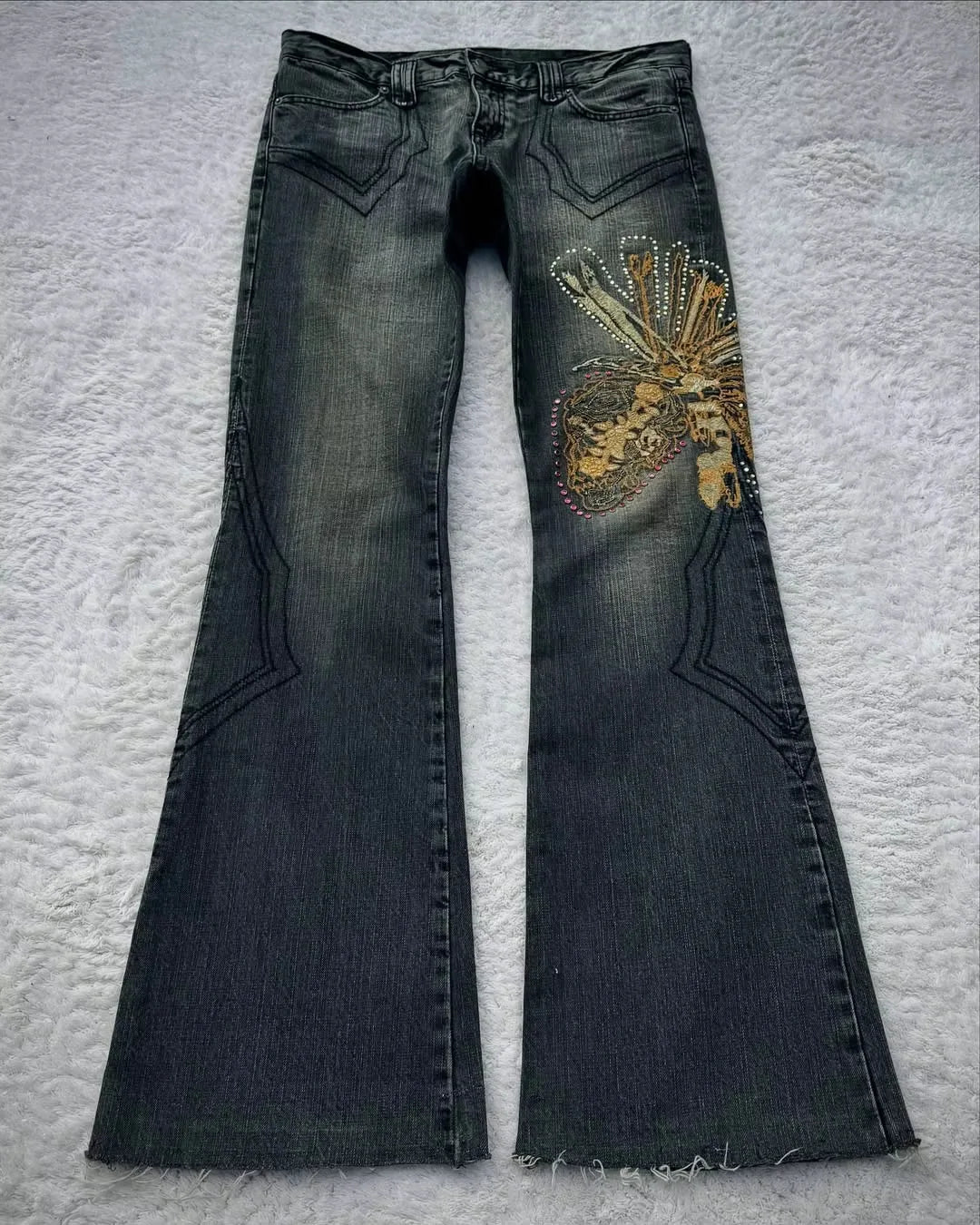 Women's Black Embroidered Flared Leg Denim Jeans For Everyday Outfits