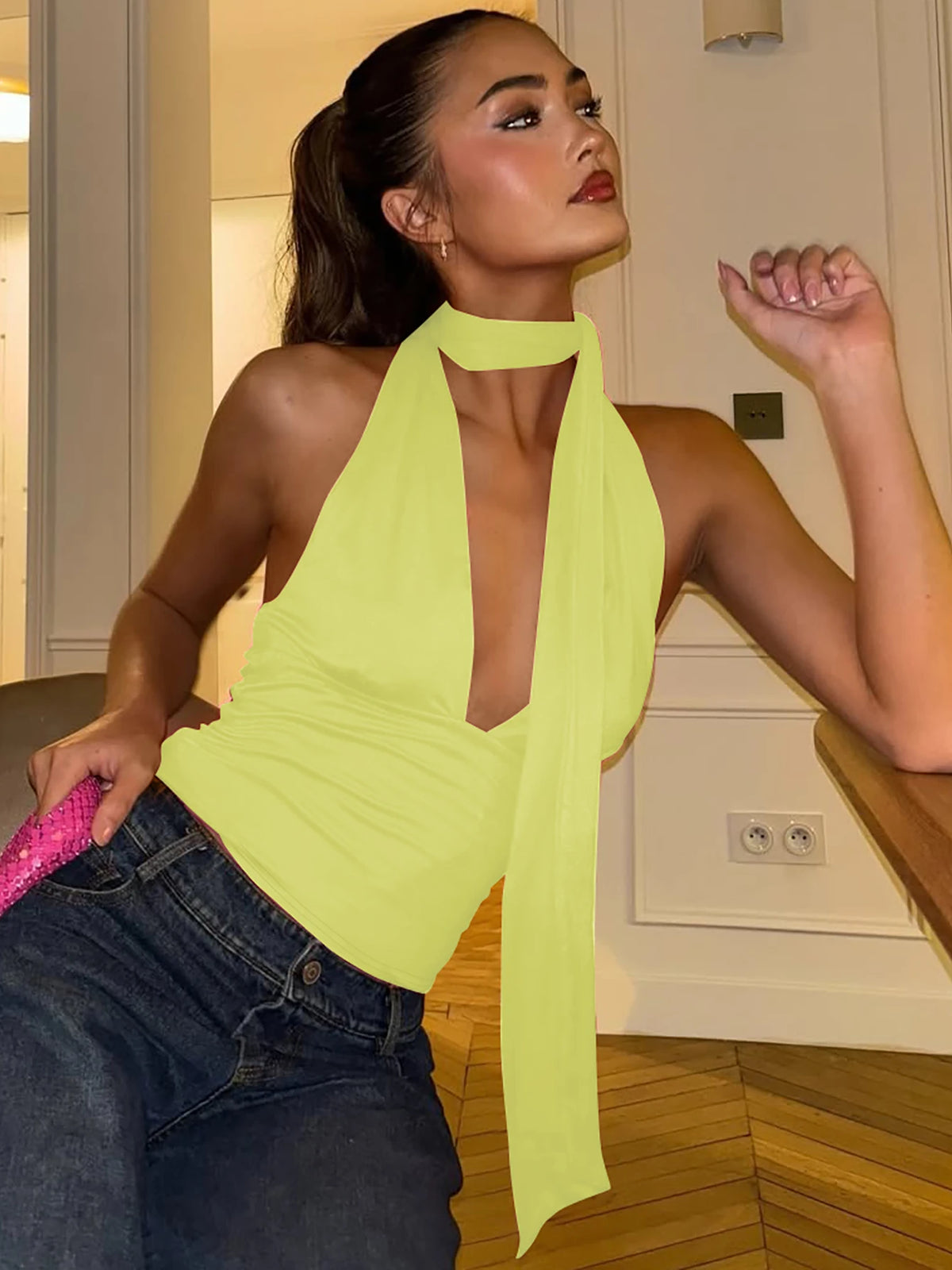Women's Scarf Tie Polyester Blend Halter Crop Top with Deep V Neck