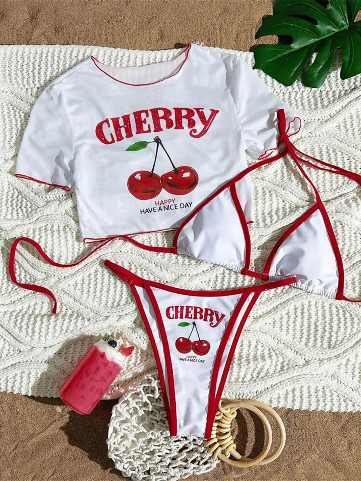 Cherry Print Bikini with Short Sleeve Cover-Up