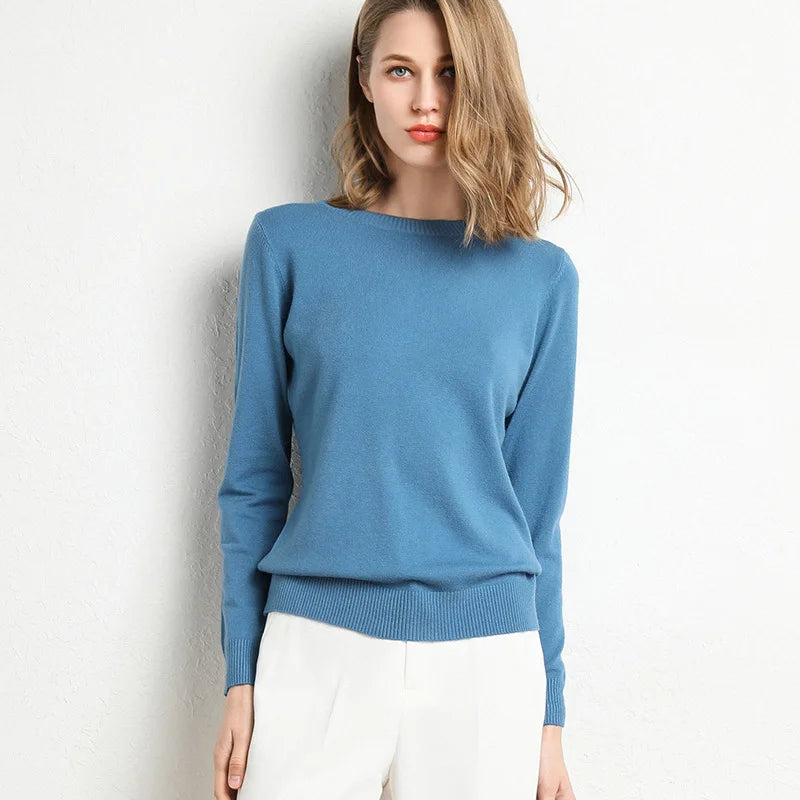 Women's Plain Crew Neck Long Sleeve Sweater Casual Knit Layer