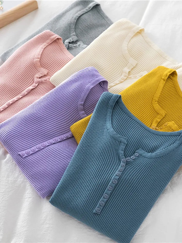 Women's V Neck Short Button Placket Sweater Casual Knit Layer