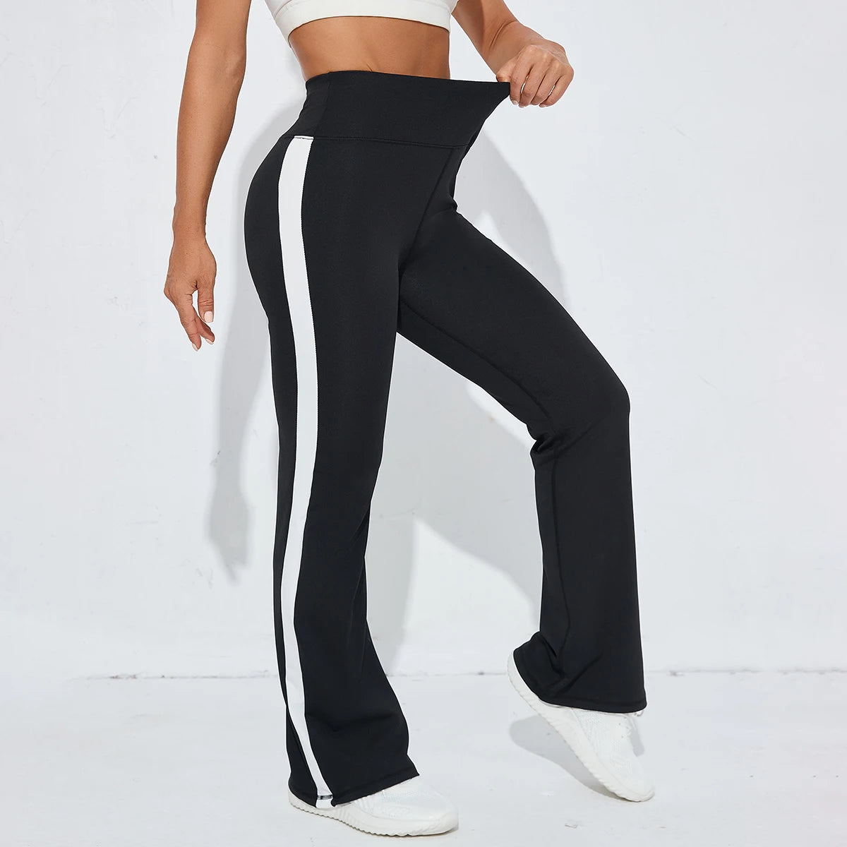 Women's High Waist Polyester Flared Workout Pants with Wide Contrast Side Panels