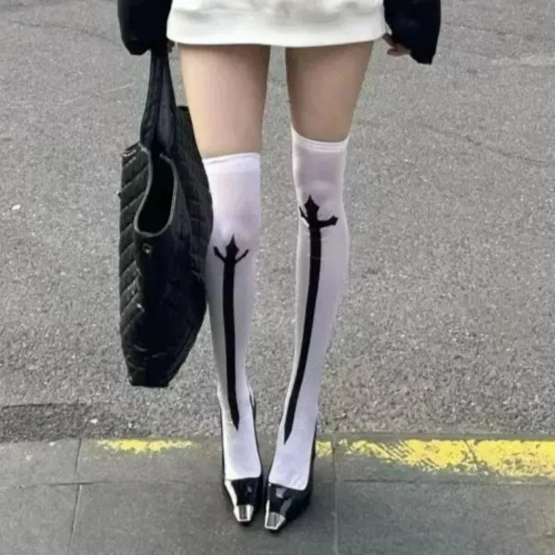 Cross Pattern Thigh High Stockings with Contrasting Cuff Design