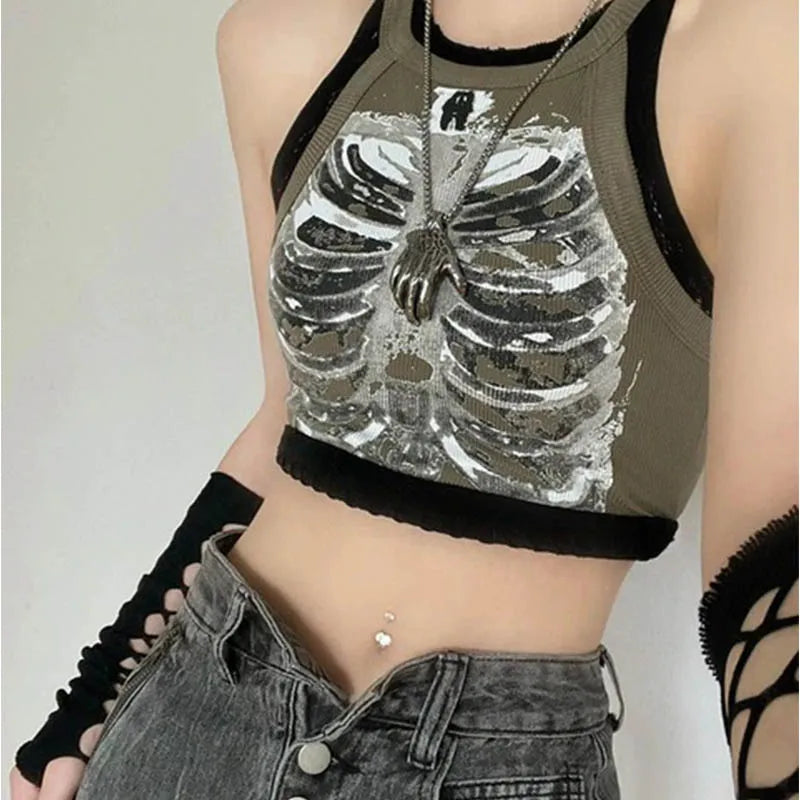 Women's Skeleton Ribcage Print Cotton Blend Crop Tank with Contrast Binding