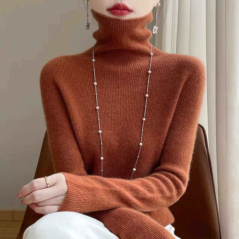 Women's Roll Neck Long Sleeve Sweater Casual Knit Layer