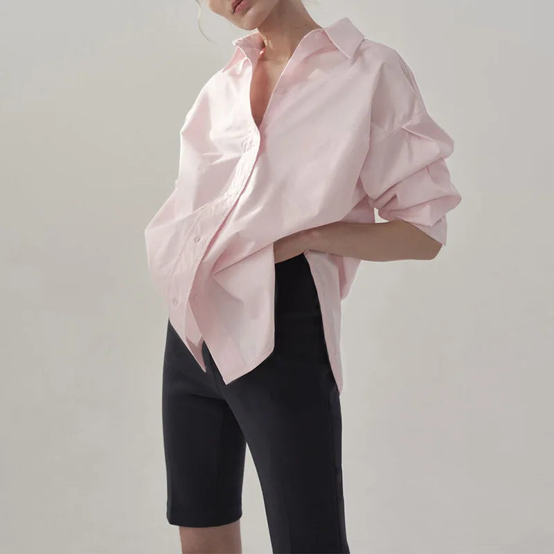 Women's Cotton Long-Sleeve Loose Collared Button-Up Shirt for Casual Everyday Spring Outfits