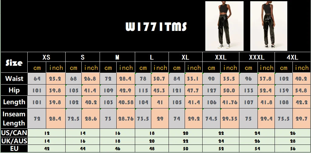 Women's Shiny Faux Leather Cargo Joggers with Drawstring Waist and Cuffs
