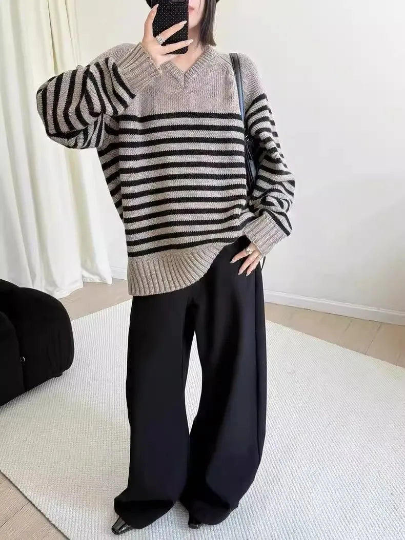 High-end V-neck striped 100% wool knitted sweater loose pullover sweater women wool base layer