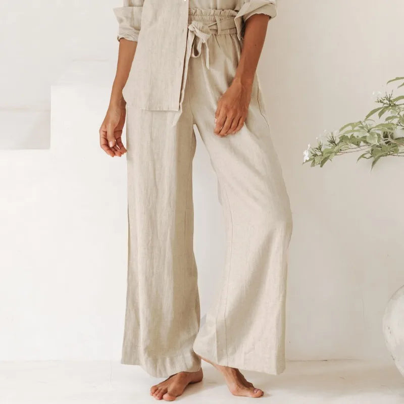 Women's Linen-Lyocell High-Waist Wide-Leg Pants with Elastic Tie Waist and Side Pockets