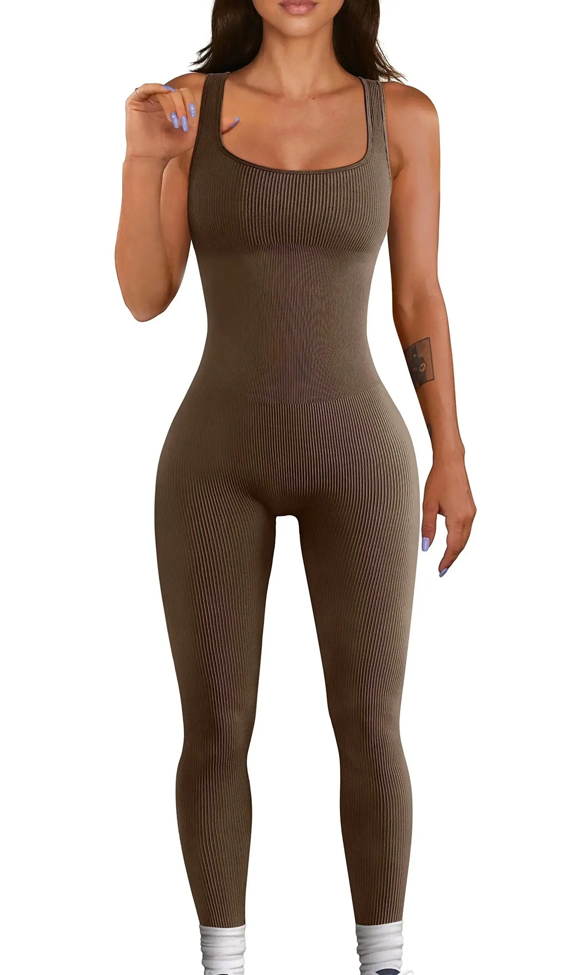 Women's Square Neck Ribbed Nylon Blend Sleeveless Workout Jumpsuit