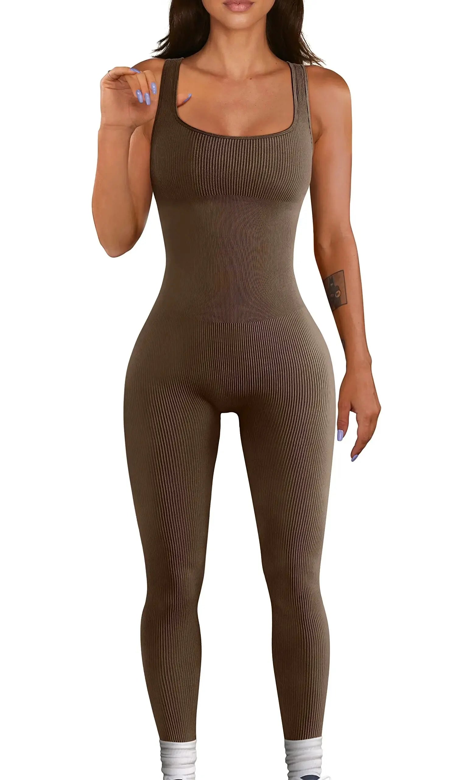 Women's Square Neck Ribbed Nylon Blend Sleeveless Workout Jumpsuit