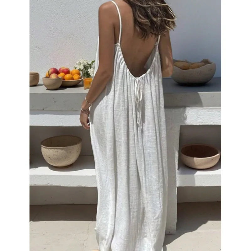 Women's Loose V Neck Spaghetti Strap Maxi Dress For Casual Outfits