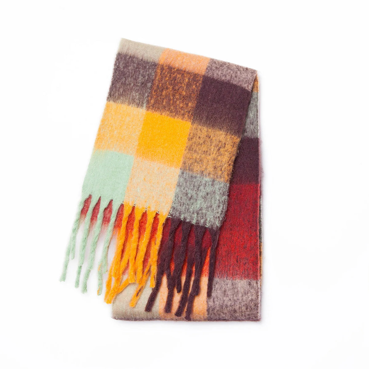 Multicolor Plaid Scarf with Long Shape and Fringed Ends