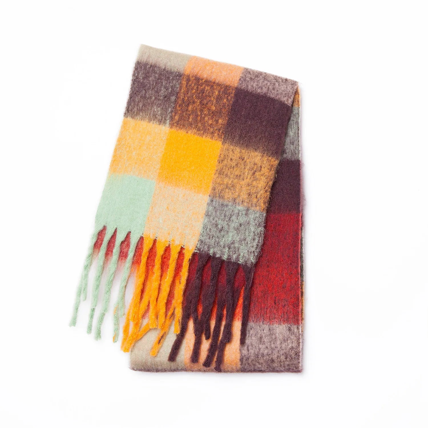 Multicolor Plaid Scarf with Long Shape and Fringed Ends