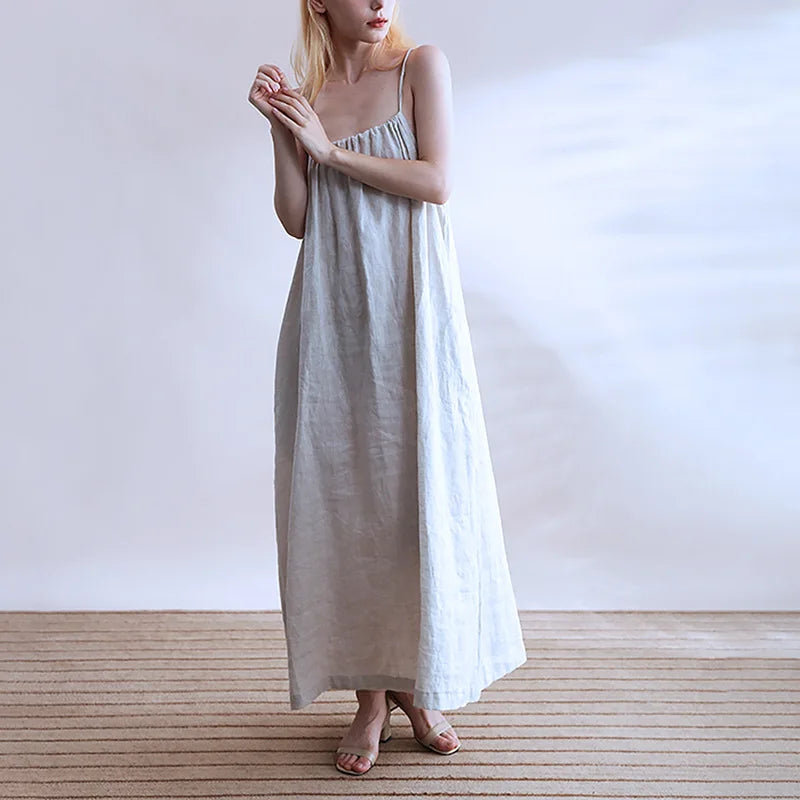 Women's Linen Sleeveless Loose A-Line Ankle-Length Dress with Straps and Practical Pockets