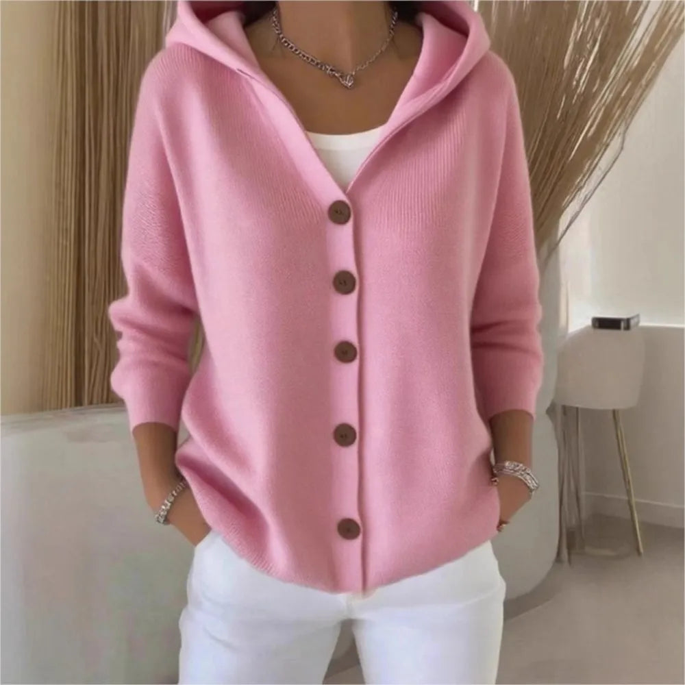 Women's Hooded Button Front Cardigan Casual Knit Layer