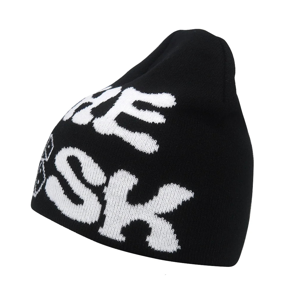 Graphic Knit Beanie with Letter and Pattern Style Options