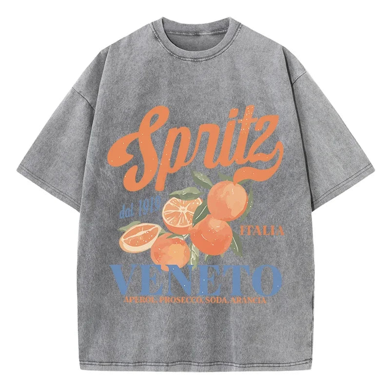 Orange Fruit Printed Washed T-shirt for Men Cotton T-shirt with Holes Round Neck Comfortable Top for Summer Men's Wear
