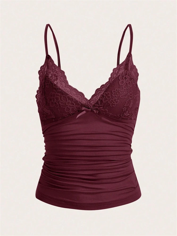 Women's Fitted Camisole with Contrasting Lace Trim and a Bow Detail