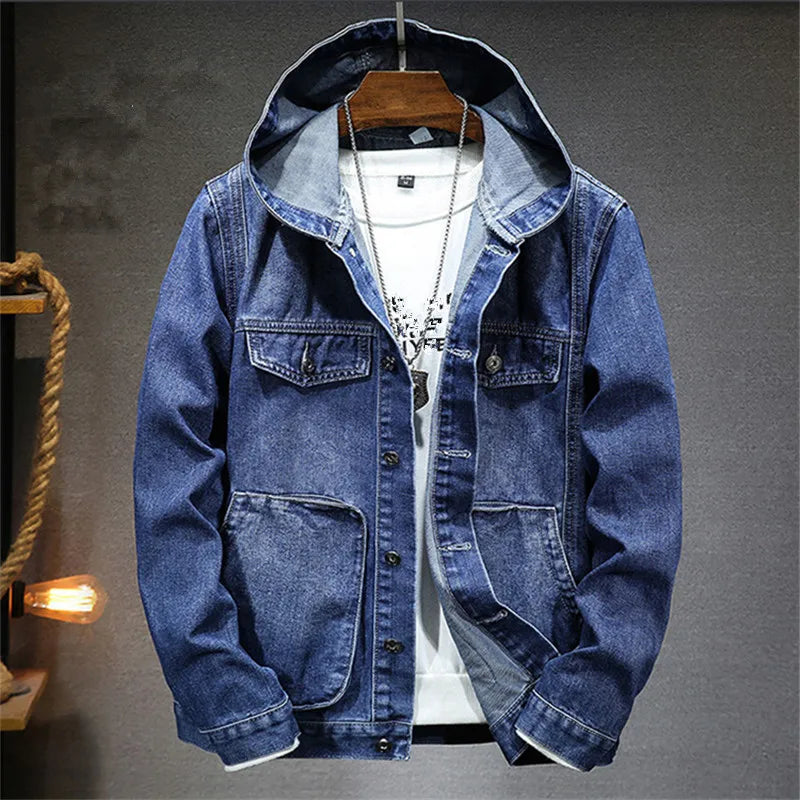 Men's Hooded Button-Front Denim Jacket with Pockets
