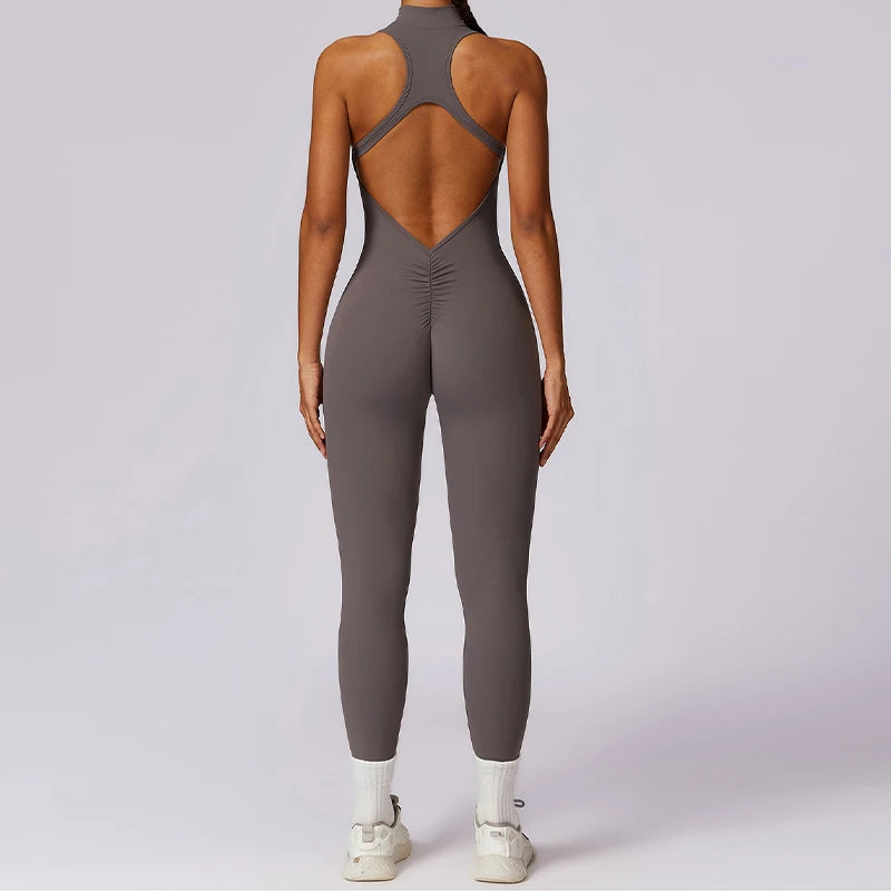 Women's Sleeveless Nylon Blend Workout Jumpsuit with Back Cutout and Fitted Legs