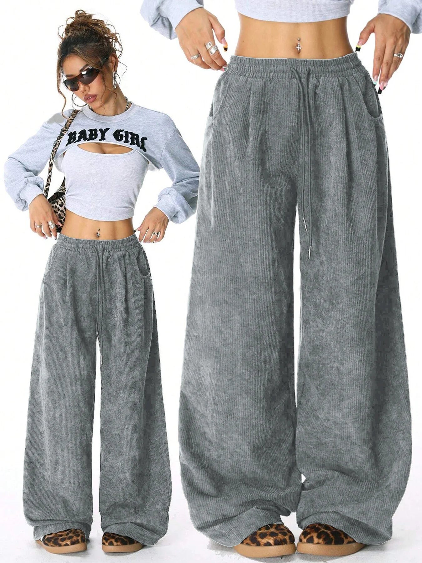 Women's Corduroy Style Drawstring Pants with Wide Legs and Pockets