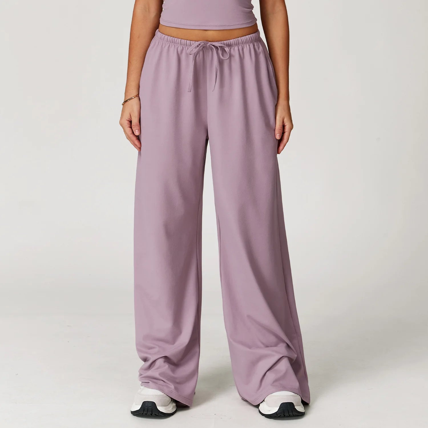 Women's Drawstring Waist Polyester Blend Wide Leg Pants with Side Pockets