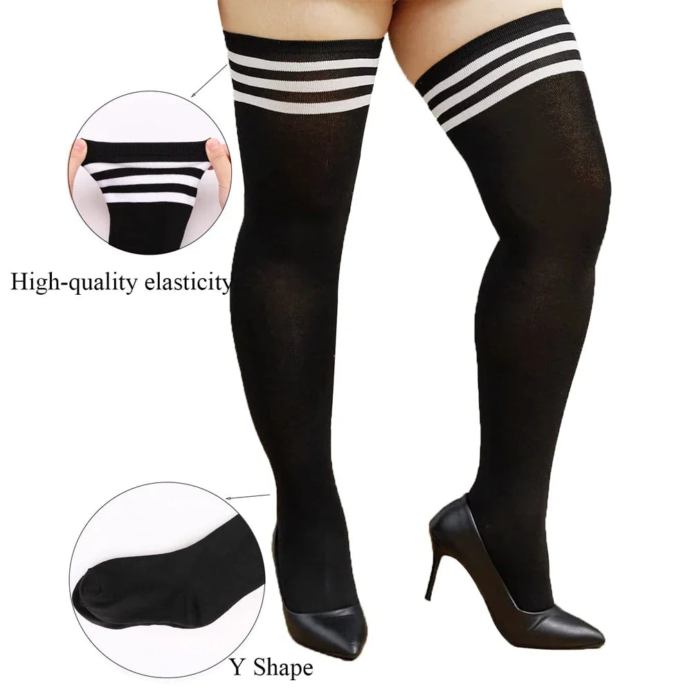 Plus Size Thigh High Socks with Striped Cuff Options