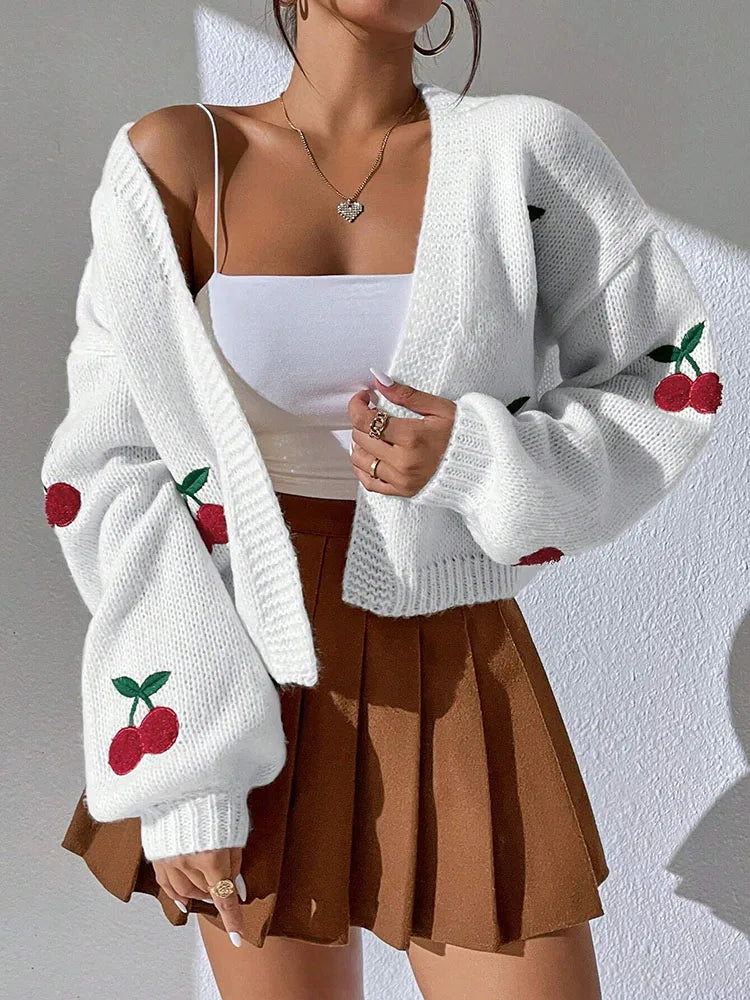 Cherry Embroidered Loose-Fit Knit Cardigan