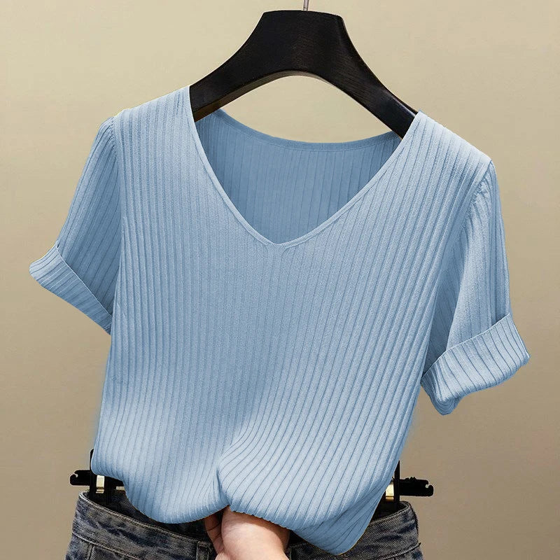 Women's V Neck Short Sleeve Sweater Casual Knit Layer