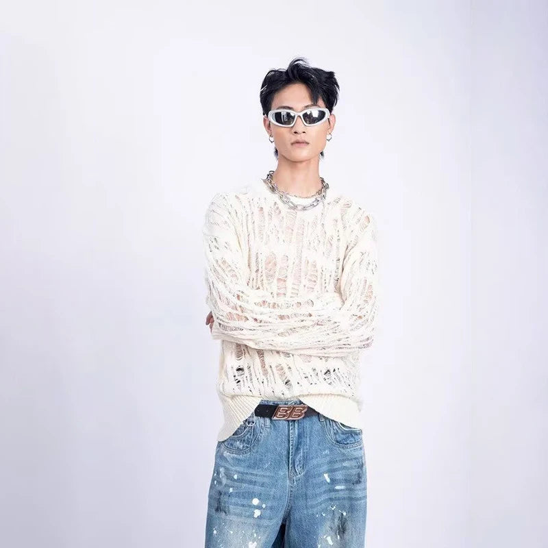 Men's Distressed Openwork Crew Neck Sweater