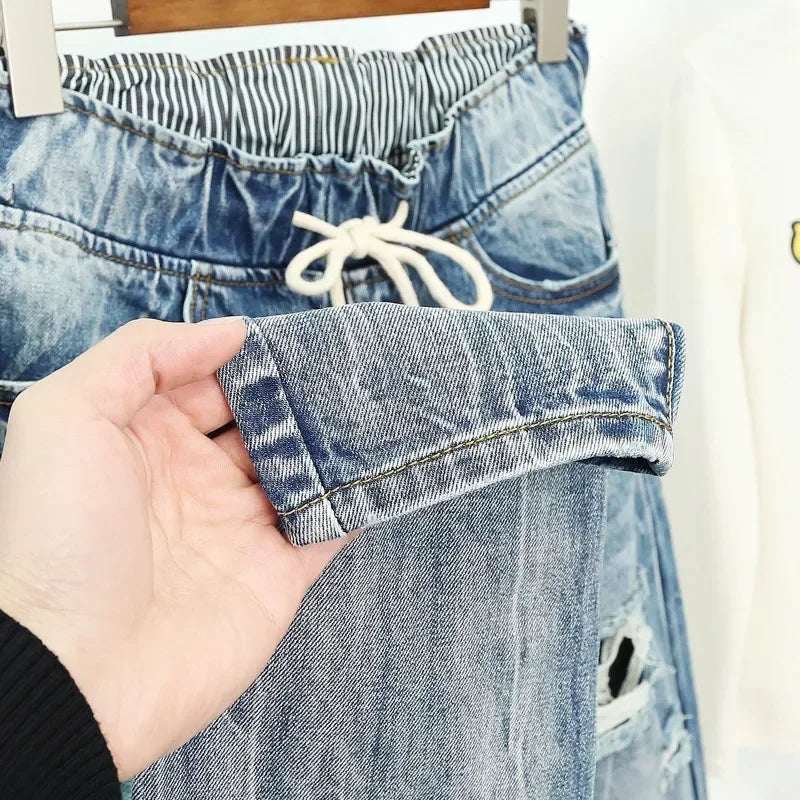 Women's Drawstring Cropped Cuffed Distressed Denim Jeans For Everyday Outfits