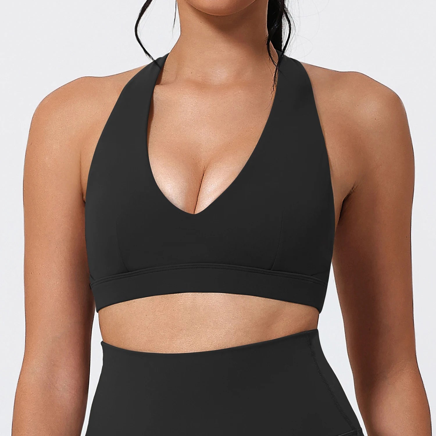 Women's V Neck Halter Sports Bra with Open Back